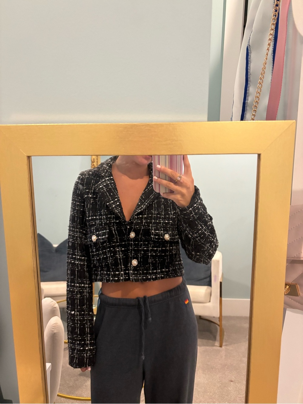 Love Tree Black Tweed Cropped Blazer with Pearl Buttons